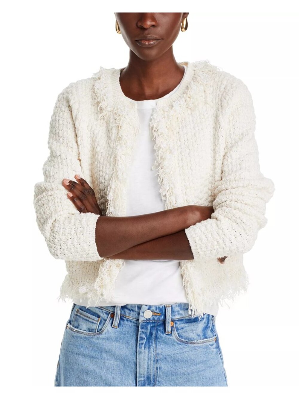 A.L.C April Fringe Bouclé Cardigan, Natural/White Marl, Size Small
